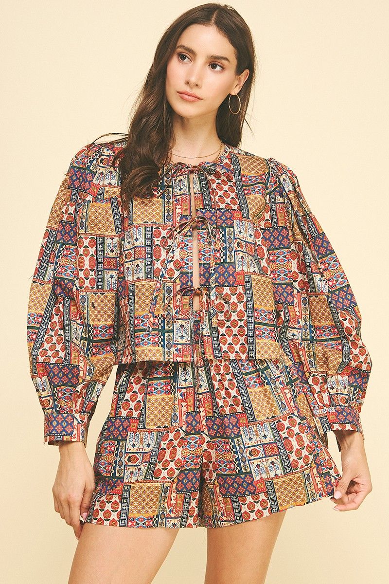 Patchwork Tie-Front Blouse