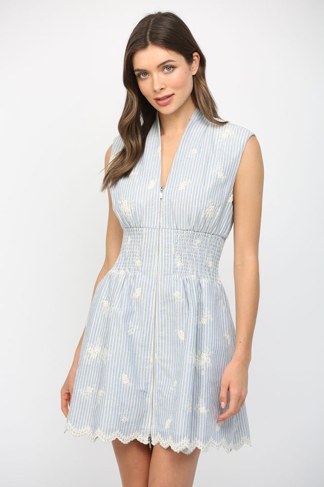 Floral Striped Smock Waist Zip Dress