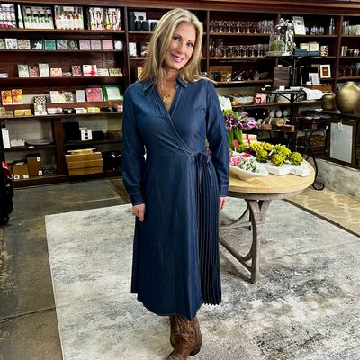 Pleated Wrap Denim Dress