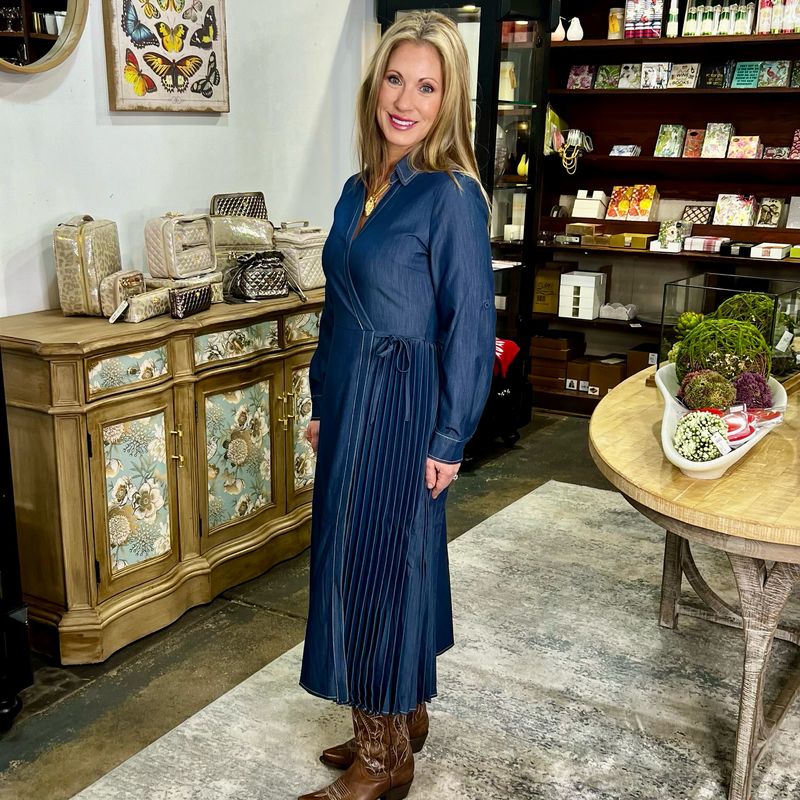 Pleated Wrap Denim Dress