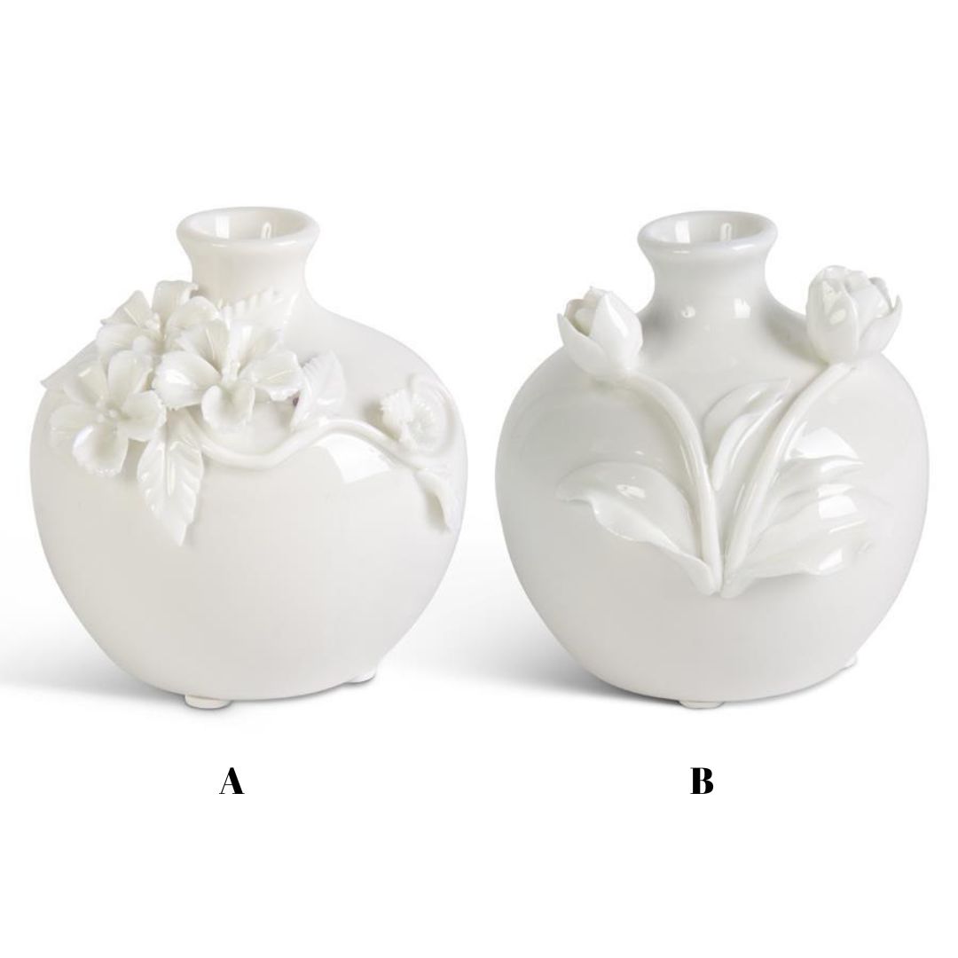 Short White Ceramic Vase w/Raised Flowers