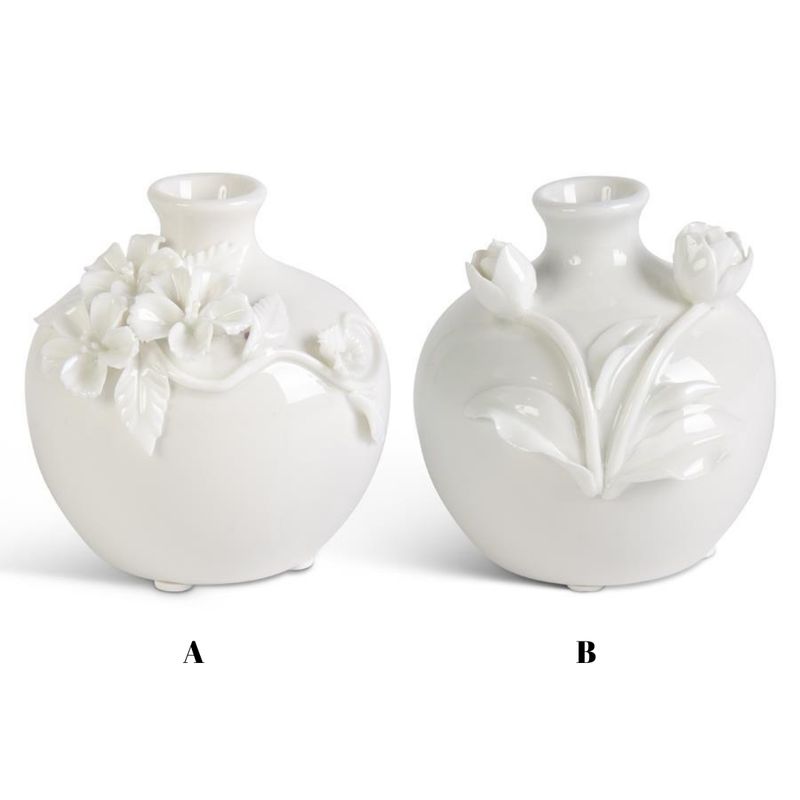 Short White Ceramic Vase w/Raised Flowers