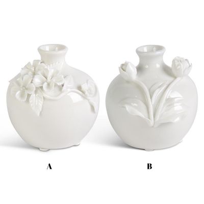 Short White Ceramic Vase w/Raised Flowers