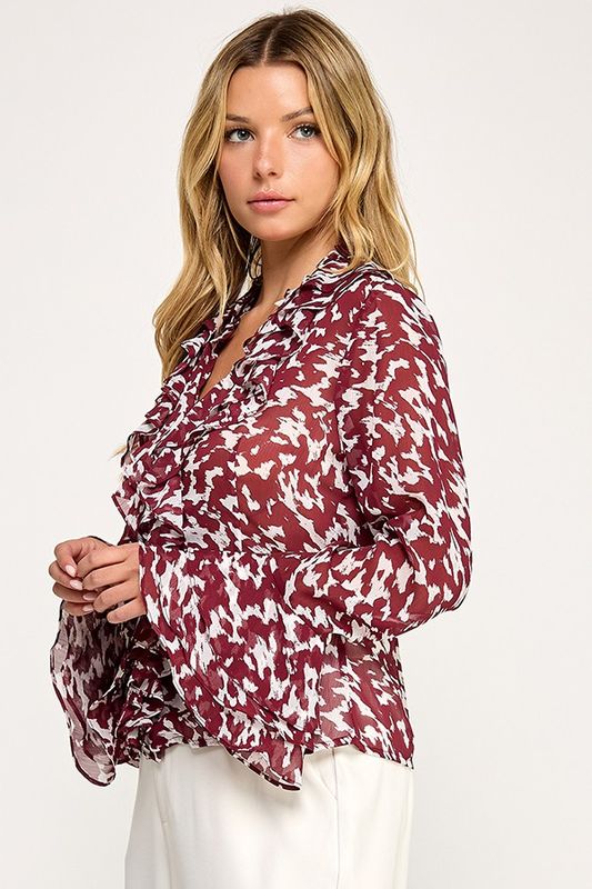 Wine Chiffon Ruffle Top