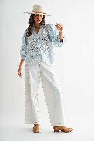 Cotton Eyelet Blouse w/Puff Sleeves