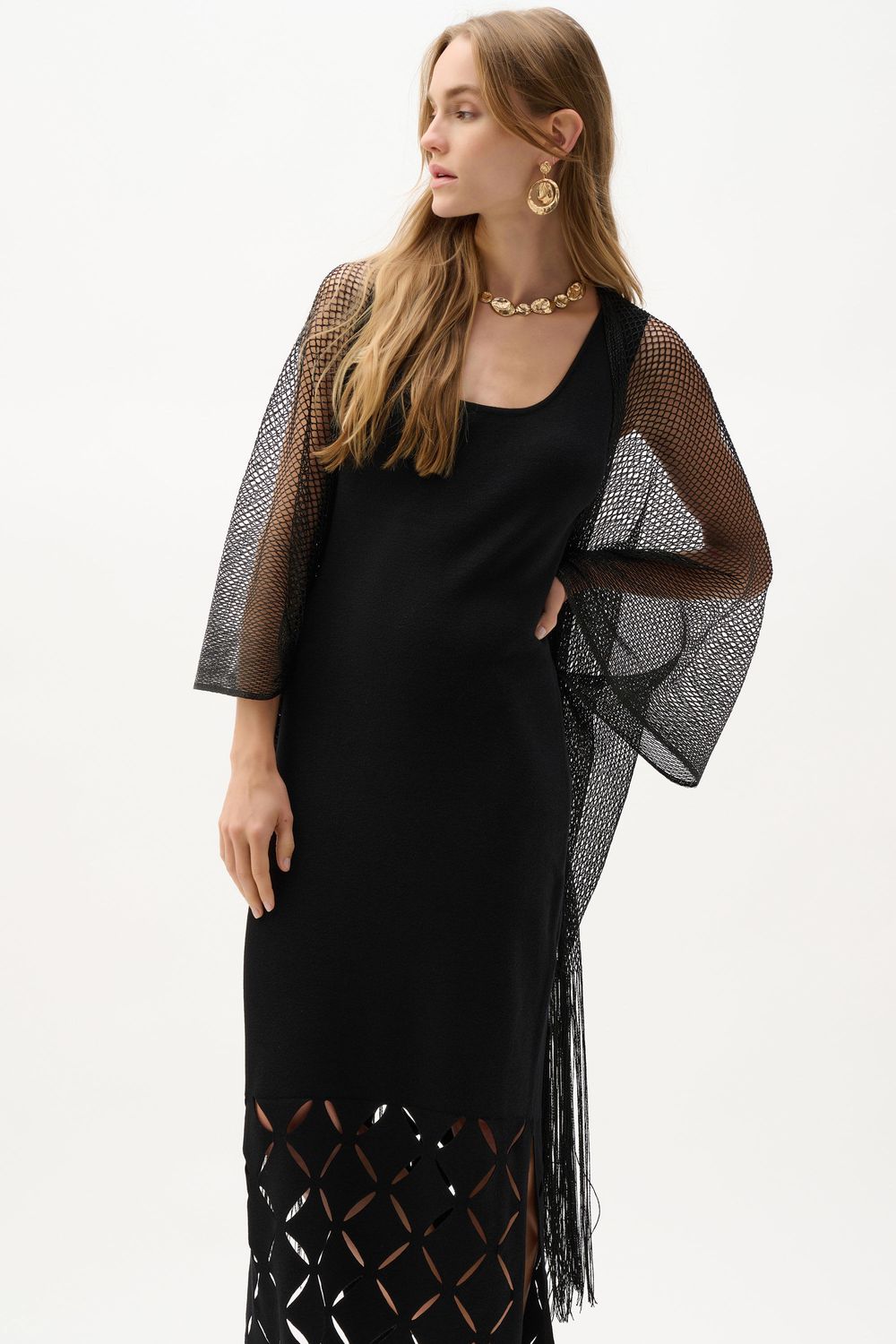 Woven Open Stitch Draped Cover-Up w/Fringe