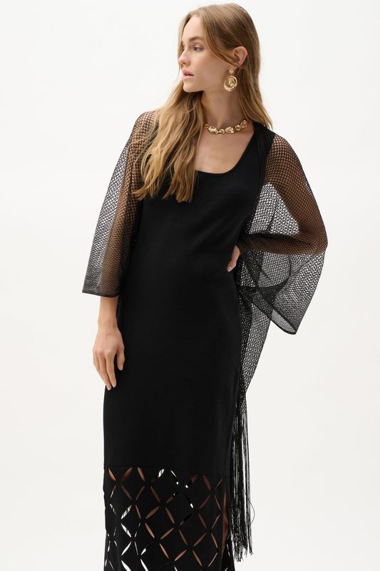 Woven Open Stitch Draped Cover-Up w/Fringe