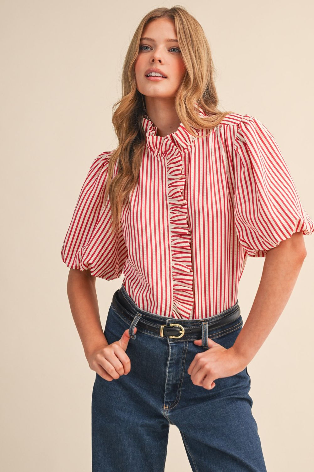 Red Striped Ruffled Top