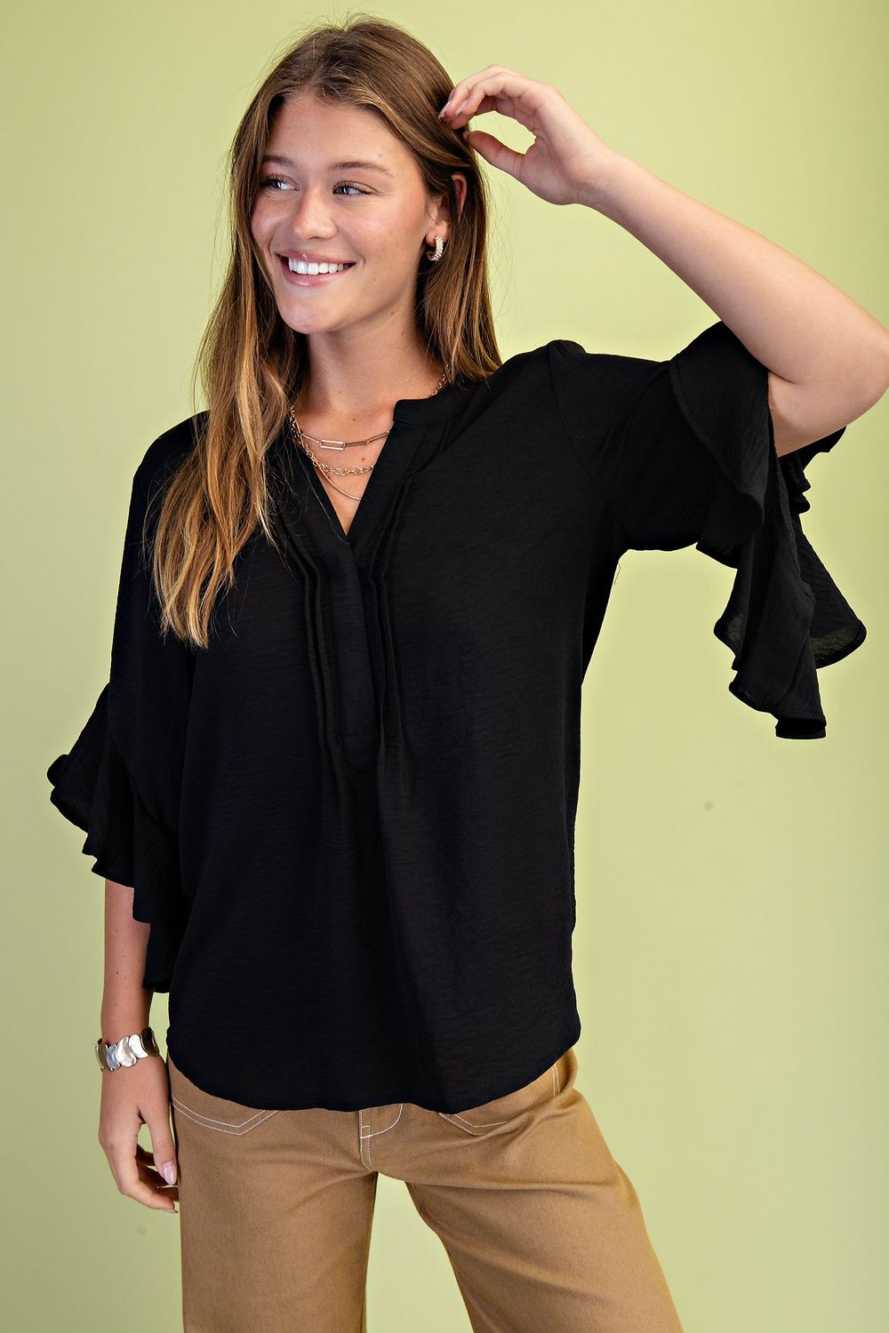 Bell Sleeve &amp; Pleated Detail Top