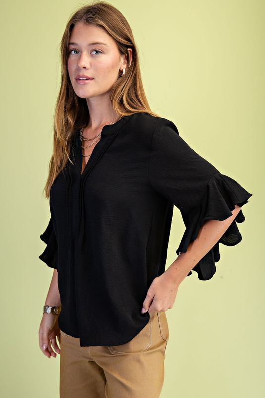 Bell Sleeve &amp; Pleated Detail Top