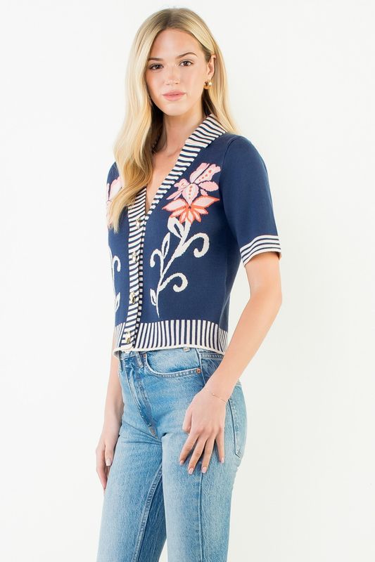 Floral Jacquard Stripe Trim Knit Top