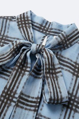 Blue Chiffon Blouse w/Check Print