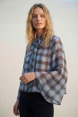 Blue Chiffon Blouse w/Check Print