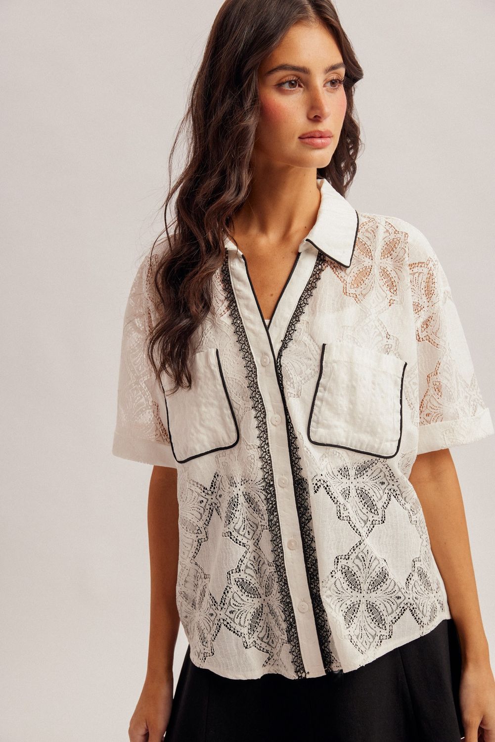 Piped Contrast Lace Shirt