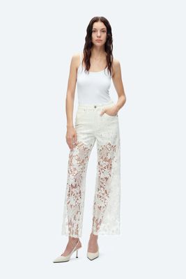 Embroidery Wide Leg Lace Jeans w/Rhinestone