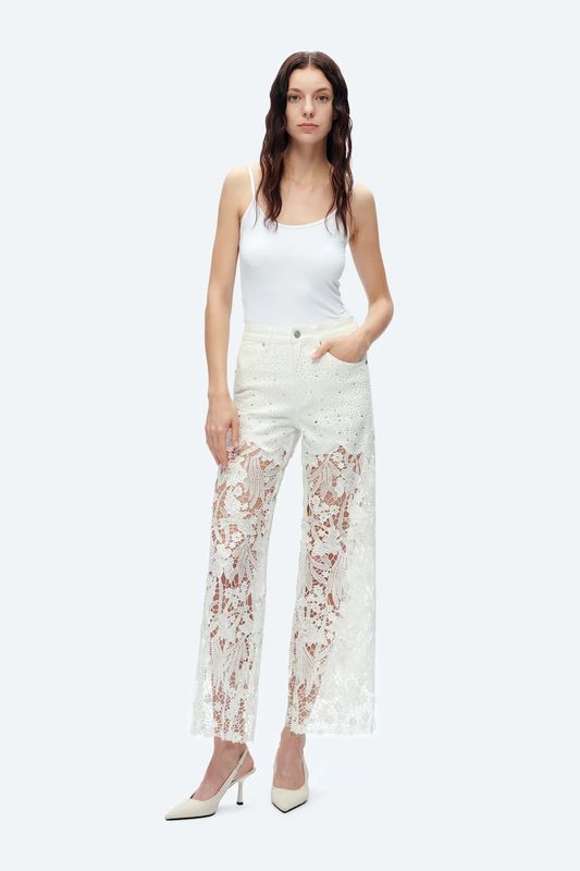 Embroidery Wide Leg Lace Jeans w/Rhinestone