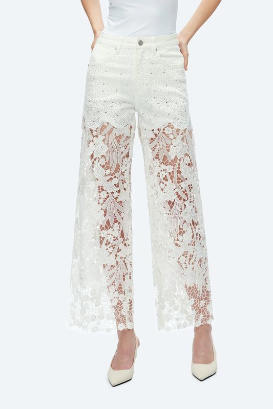 Embroidery Wide Leg Lace Jeans w/Rhinestone