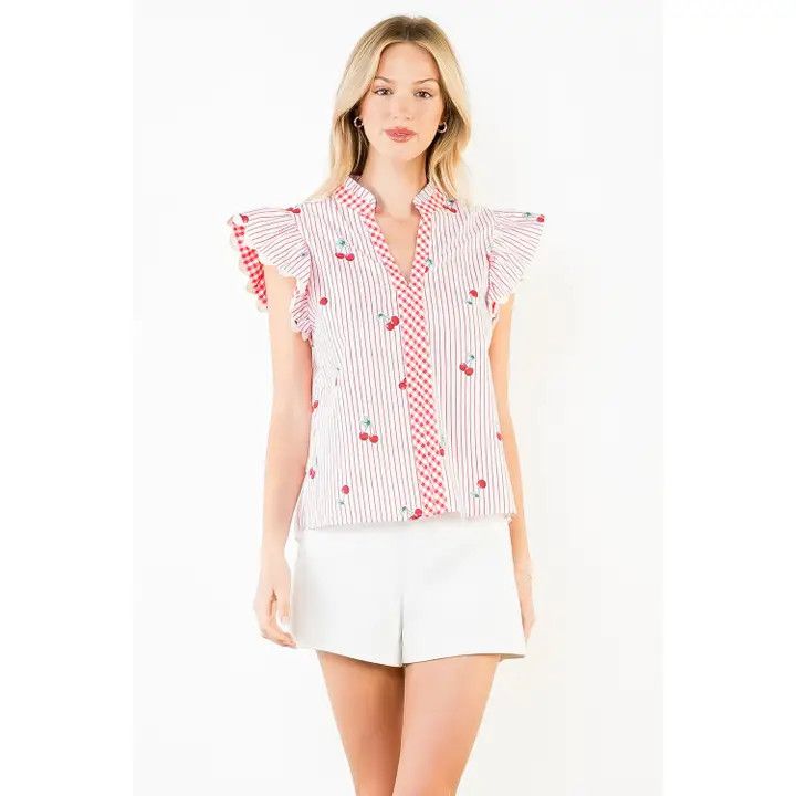 Cherry Print Stripe Top