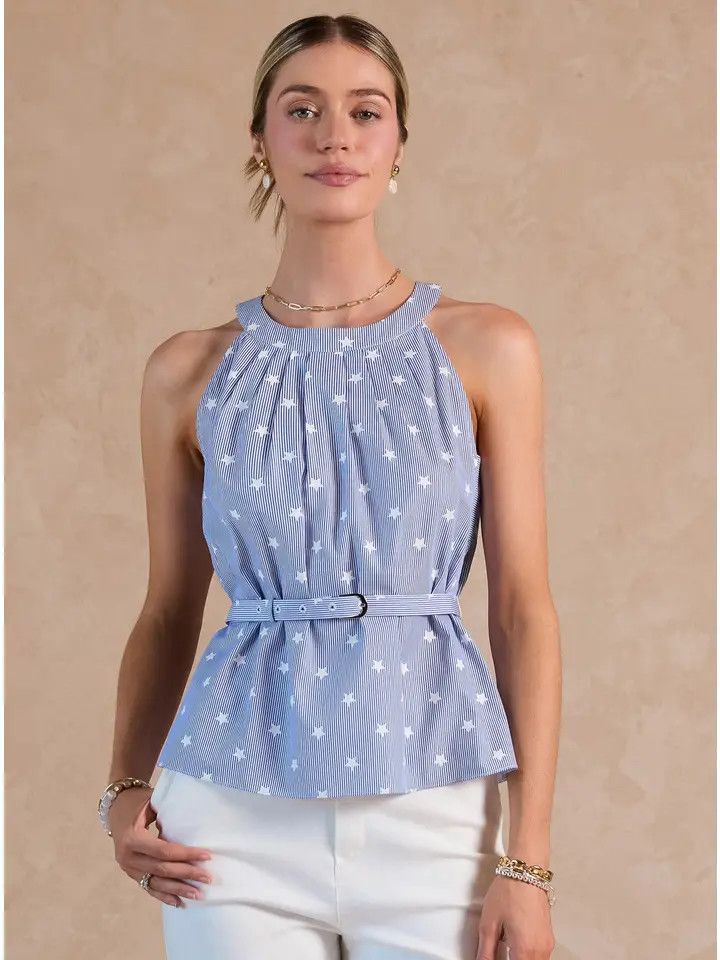 Stripe Star Print Belted Top