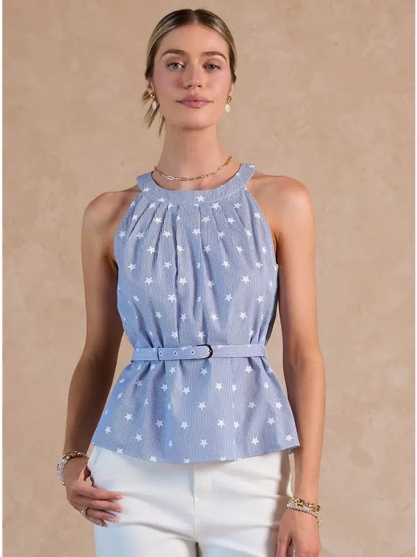 Stripe Star Print Belted Top