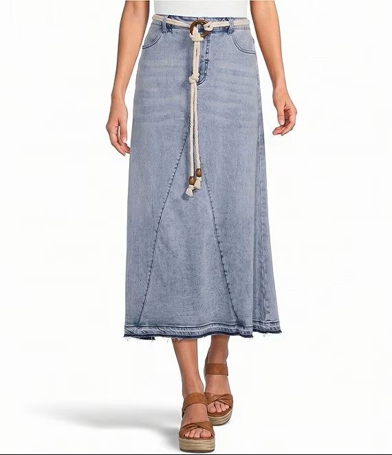 Denim Shark Bite Hem Fringe Belted Button Front Midi Skirt