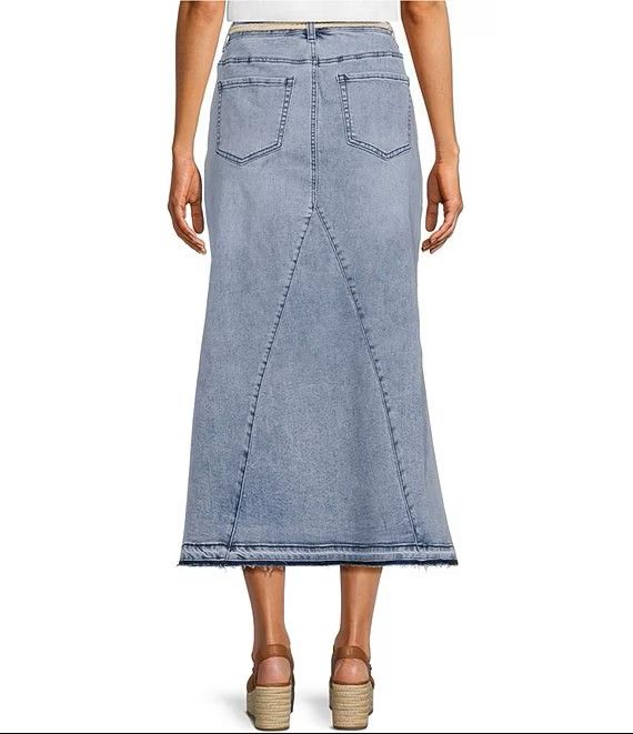 Denim Shark Bite Hem Fringe Belted Button Front Midi Skirt