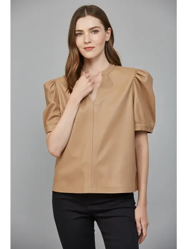 Split Neck Faux Leather Top