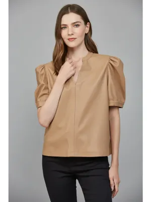 Split Neck Faux Leather Top