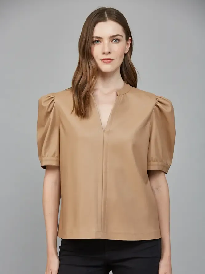 Split Neck Faux Leather Top