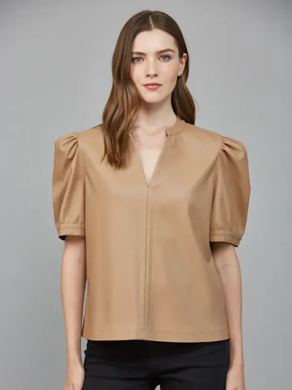 Split Neck Faux Leather Top