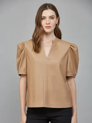 Split Neck Faux Leather Top