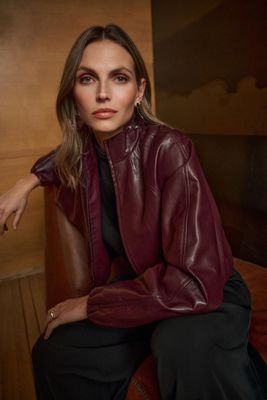 Leatherette Mock-Neck Bomber Jacket