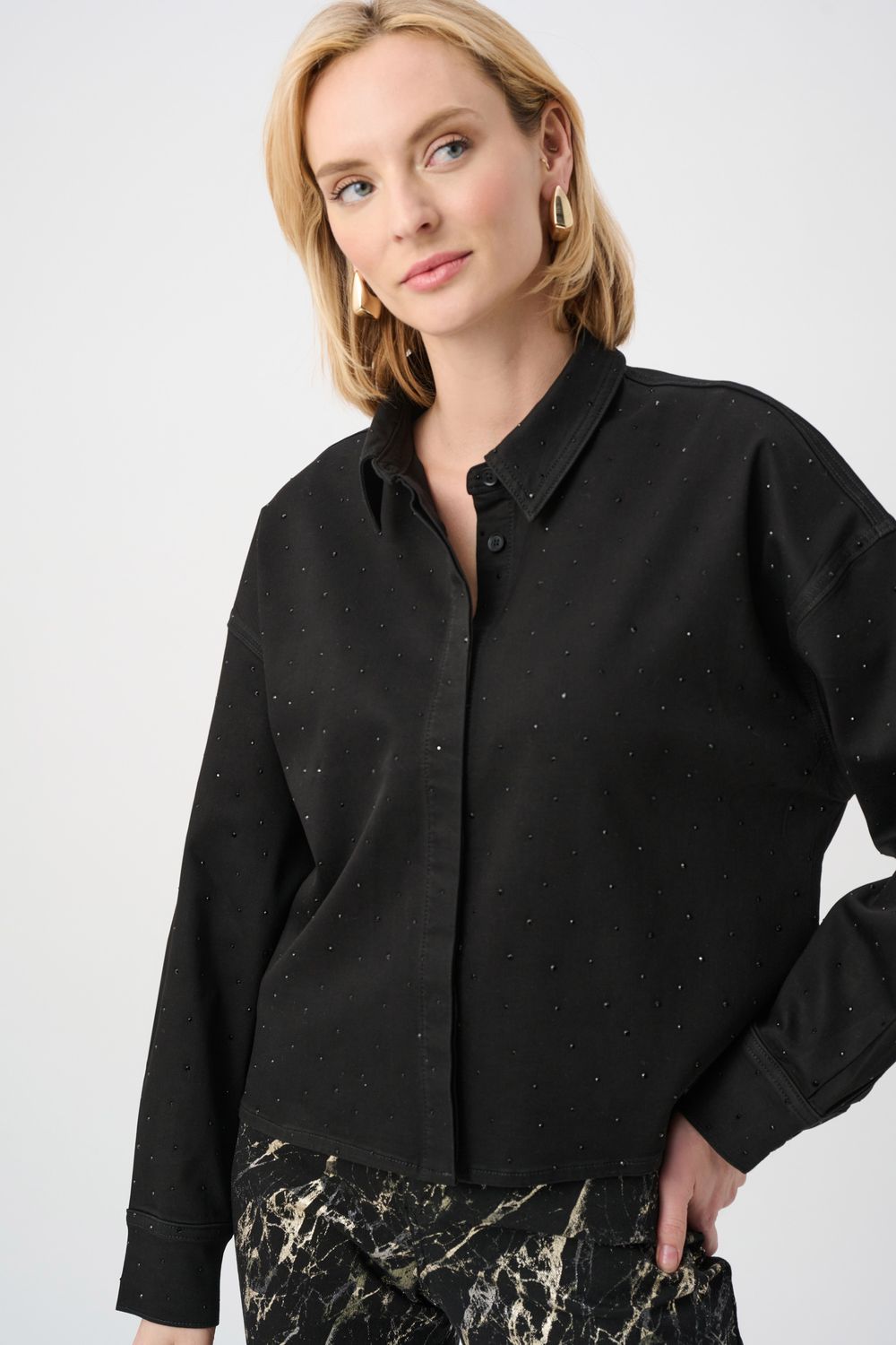 Featherweave Denim Cropped Blouse w/Rhinestones