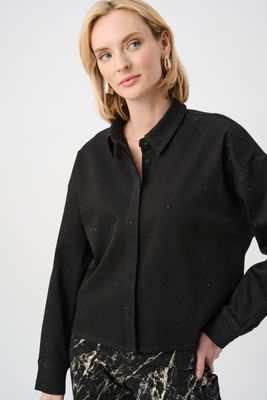Featherweave Denim Cropped Blouse w/Rhinestones