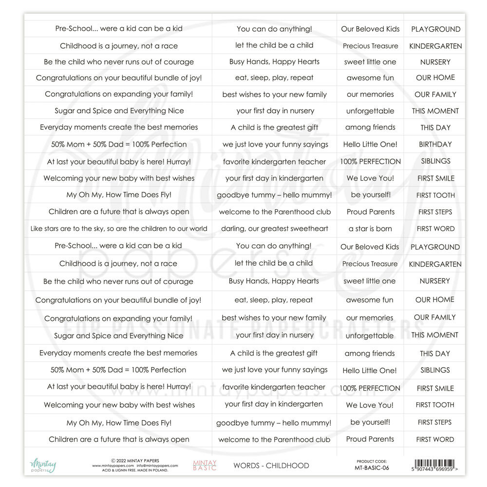 12x12 Single-Sided Paper - Words - Childhood