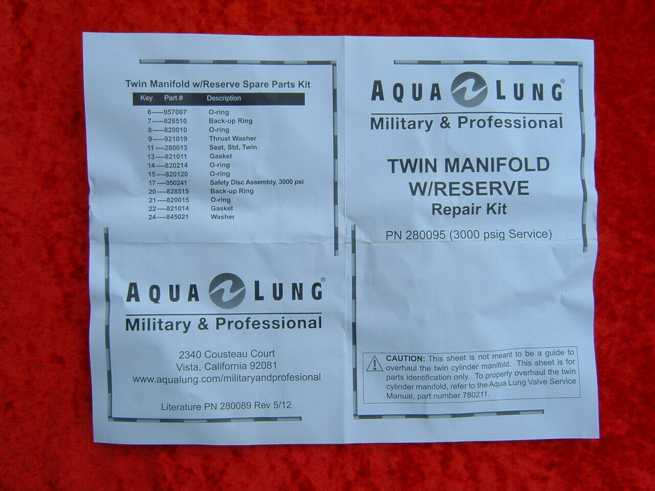 US Diver aqua lung solid bar manifold service kit w seat OEM 280095 mil spec MADE IN USA
