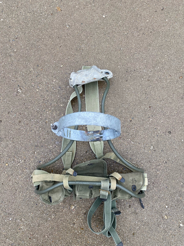 US Army Surplus home made metal backpack w band for 6.9 inch tank used barn fresh 1950 era ammo pouches