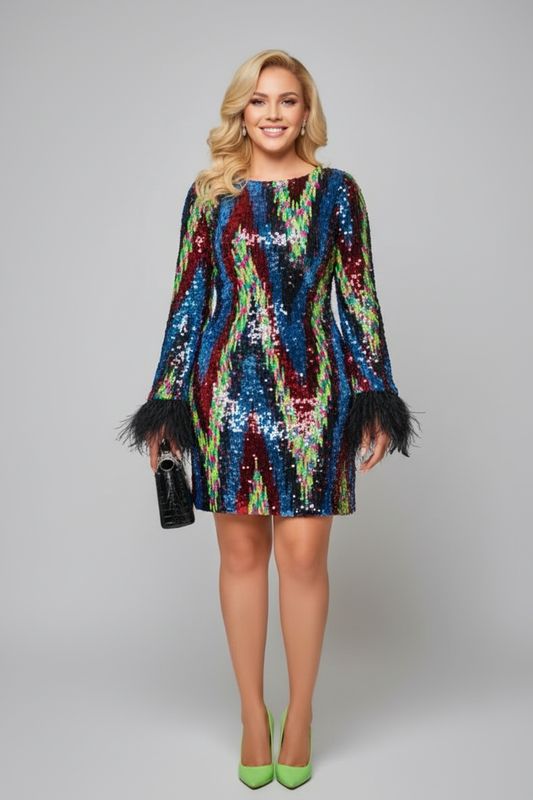 Sequin Feathered Sleeve Dress