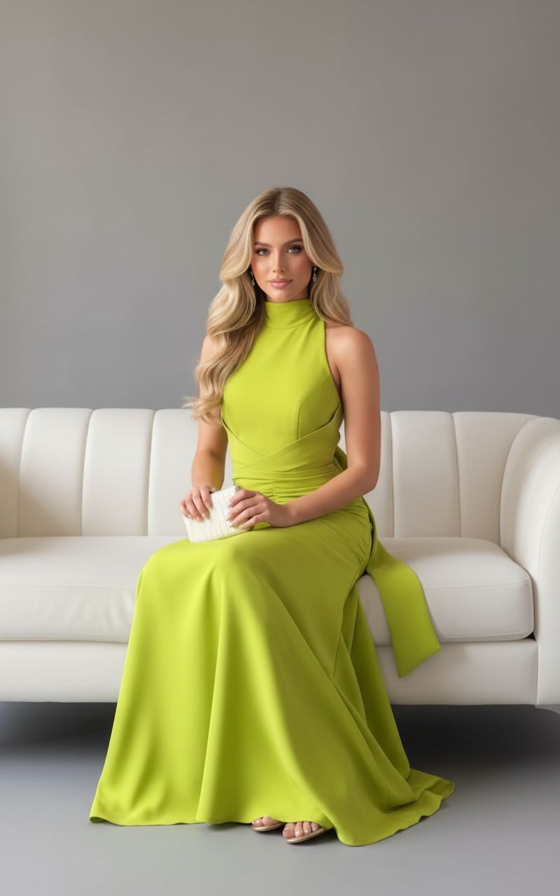 Olive Satin Bow-Neck Maxi Dress