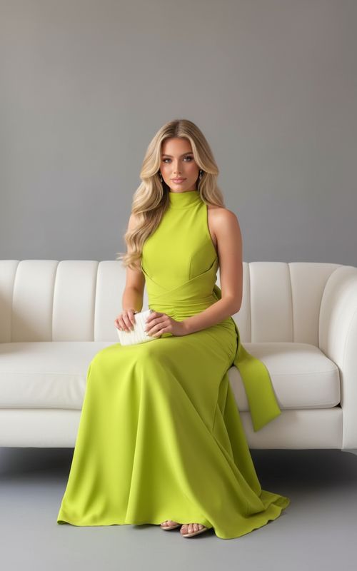 Olive Satin Bow-Neck Maxi Dress