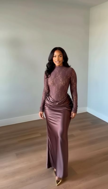 Brow Crew-Neck Maxi Dress With Satin Bottom