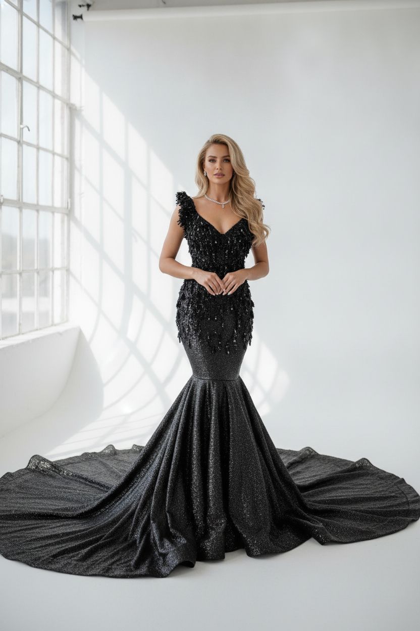 Sculpted Couture Gown: Black Pleated Evening Dress