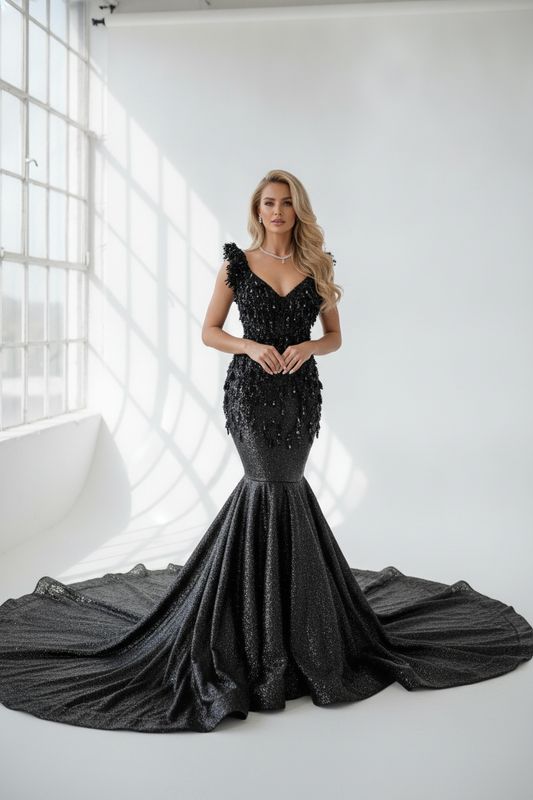 Sculpted Couture Gown: Black Pleated Evening Dress
