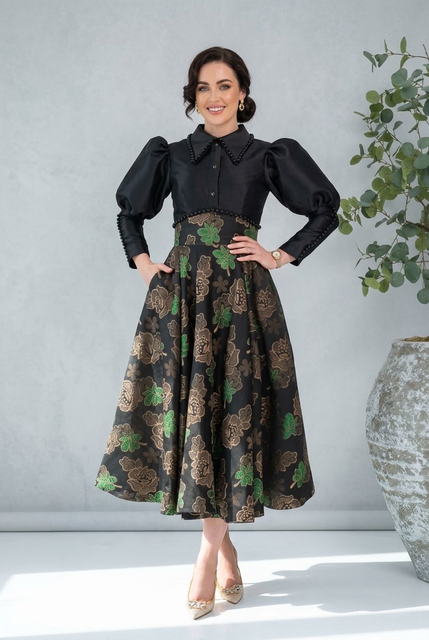 Satin Puff-Sleeve Flared Dress