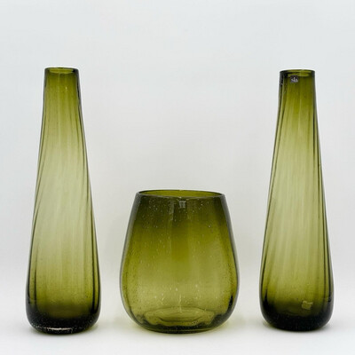 Tris Of Vases Sia Mouth Blown Green Bottle Design 1980’s