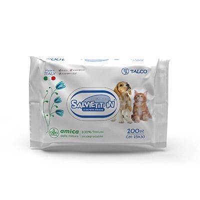 SALVIETT IN SALVIETTE DETERGENTI CANE E GATTO NO ALCOL PROFUMATE TALCO 100 PZ