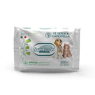 SALVIETT IN SALVIETTE DETERGENTI CANE E GATTO NO ALCOL PROFUMATE TE&#39; VERDE E CAMOMILLA 100 PZ