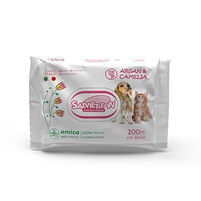 SALVIETT IN SALVIETTE DETERGENTI CANE E GATTO NO ALCOL PROFUMATE ARGAN E CAMELIA 100 PZ