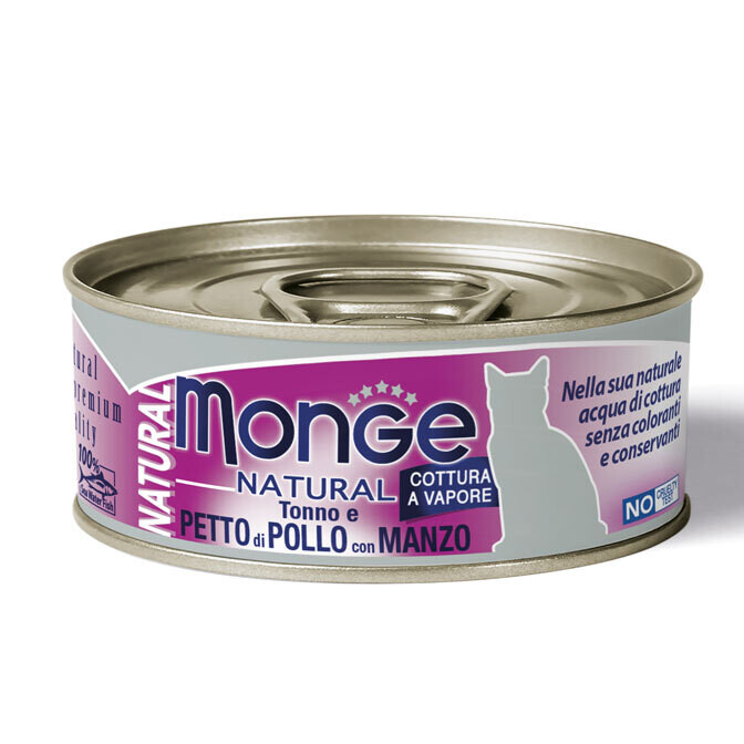MONGE NATURAL CIBO UMIDO GATTO ADULTO TONNO E PETTO DI POLLO CON MANZO 80 GR