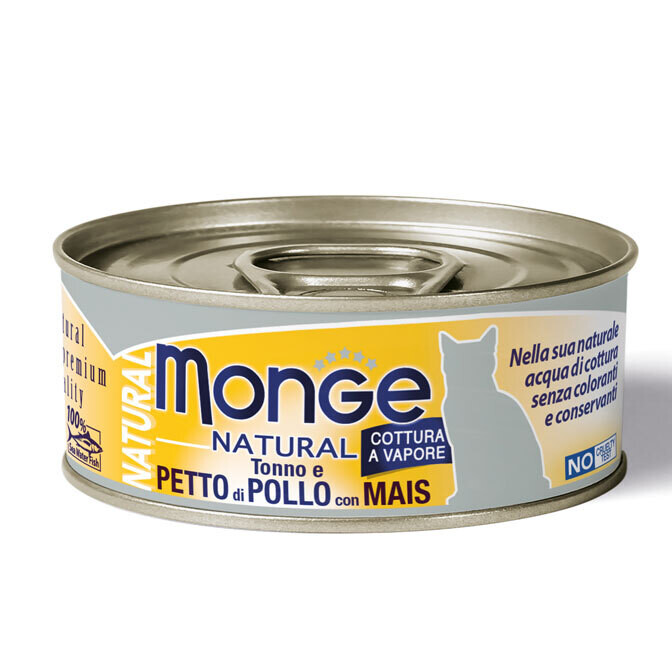 MONGE NATURAL CIBO UMIDO GATTO ADULTO TONNO E PETTO DI POLLO CON MAIS 80 GR